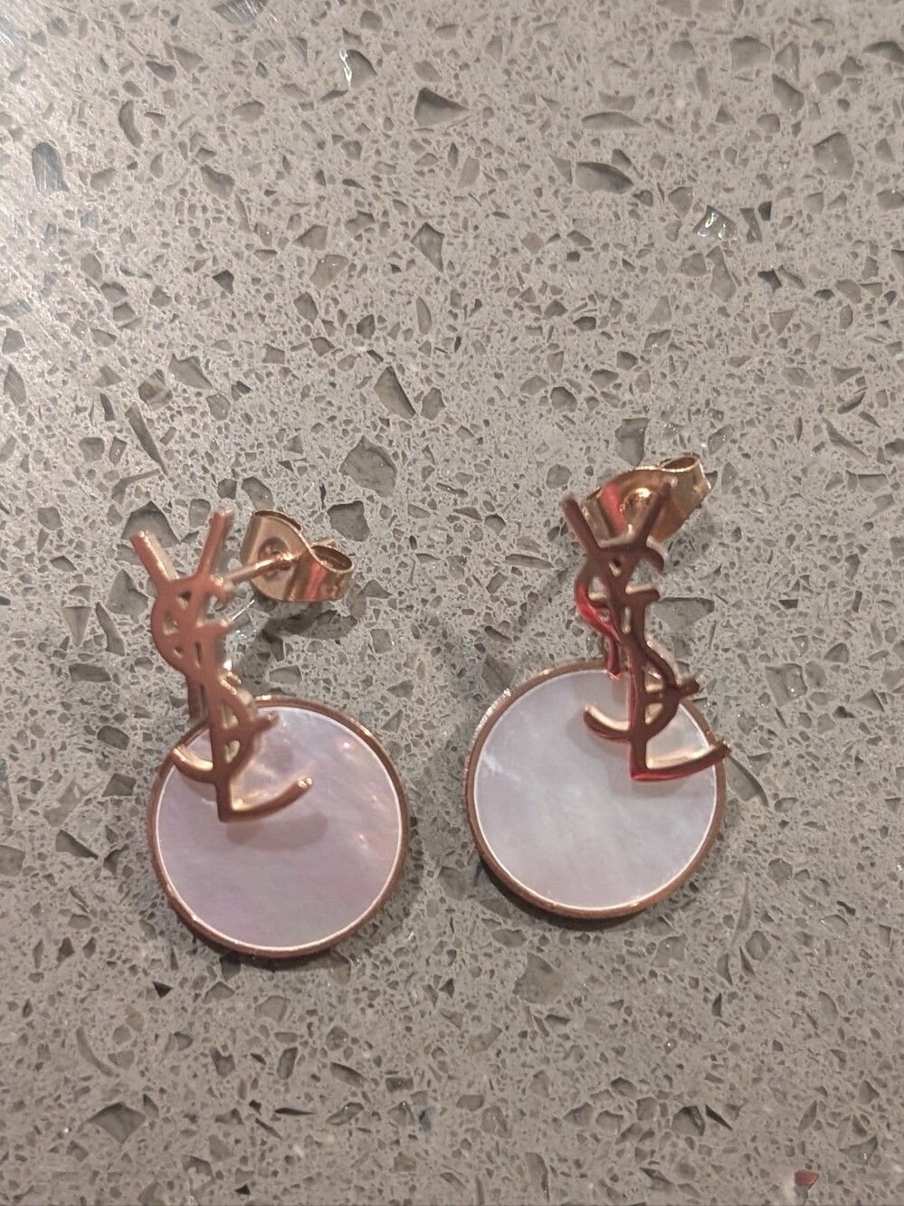 Rose Gold Monogram Drop Earrings with Mother-of-Pearl Discs Rosegold YSL Style